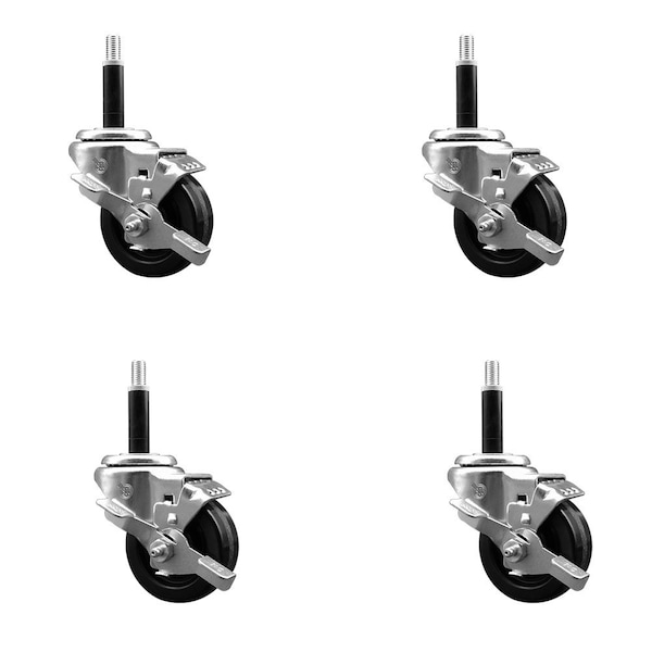 3'' Phenolic Swivel 3/4'' Expanding Stem Caster Set with Brake, 4PK